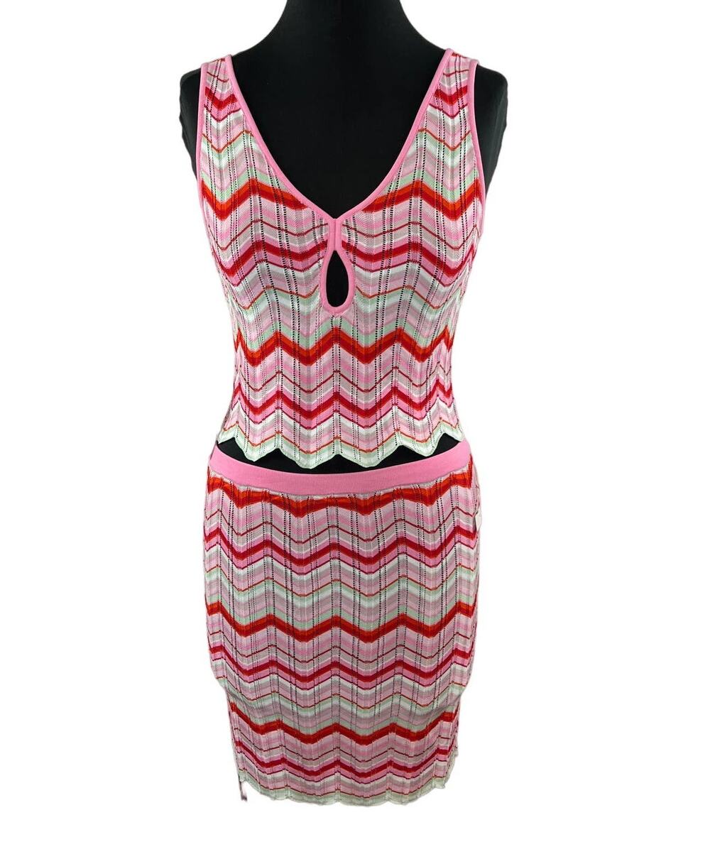 NWT Torn by Ronny Kobo Pink Red Chevron Crochet Skirt and Top Set Outfit 2-Pc M
